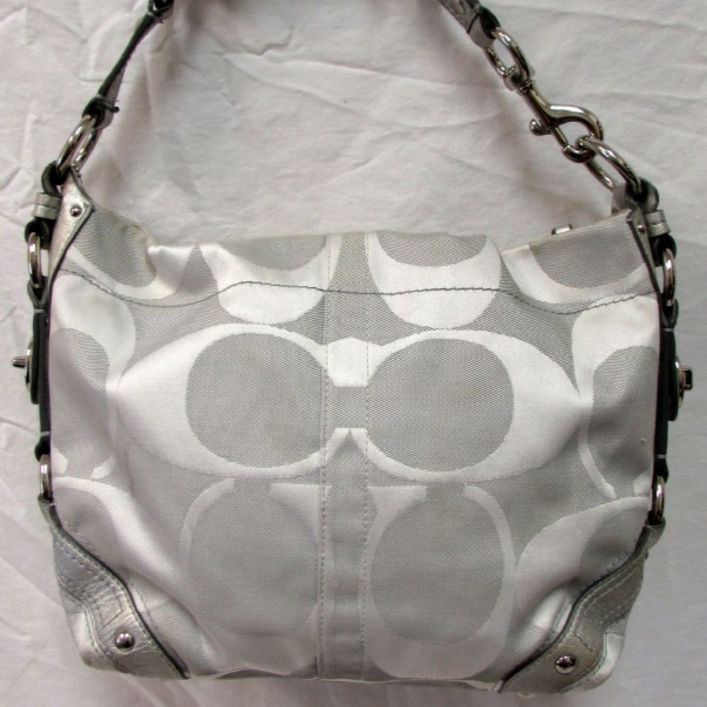 COACH SIGNATURE PLATINUM SILVER CARLY HANDBAG 1061